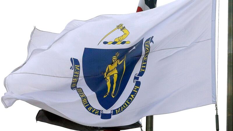 FILE - The Massachusetts state flag flies in front of Boston City Hall, Monday, May 2, 2016....